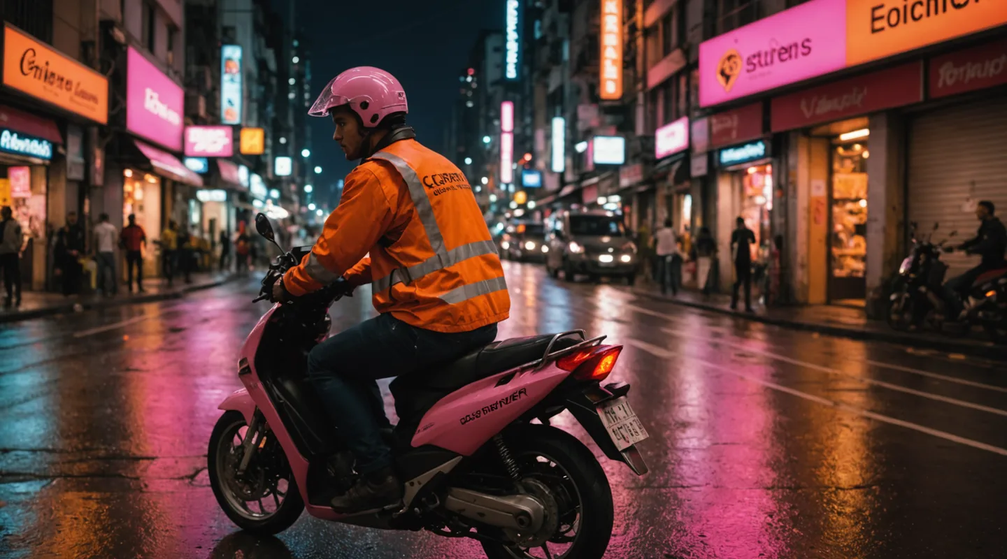 Delivery courier on motorbike navigating a city street at night in Sao Paulo